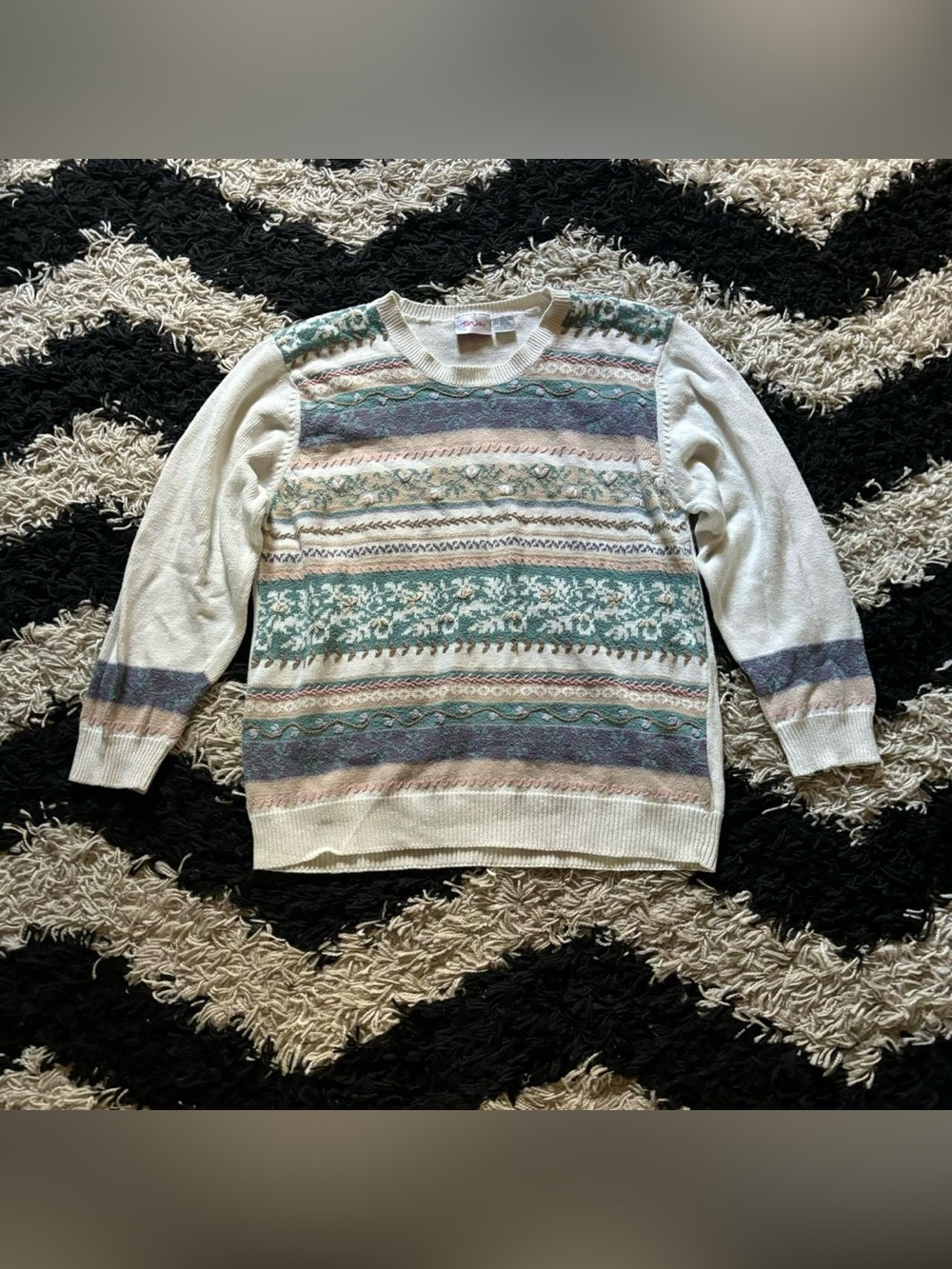 Tanjay Cottagecore Multicolor Floral Embroidered Textured Cream Knit Sweater